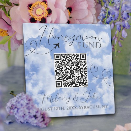 White  Blue Elegant QR Code Honeymoon Fund Sign Plaque