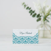 White & Blue Elegant Retro Floral Damask Business Card (Standing Front)