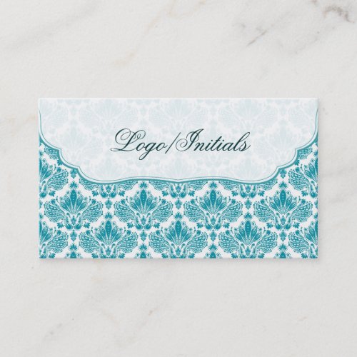 White &amp; Blue Elegant Retro Floral Damask Business Card Templates