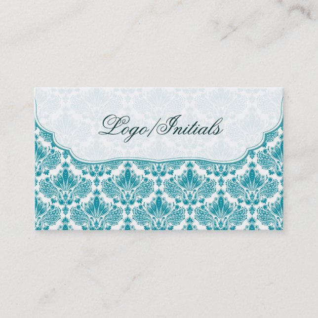 White & Blue Elegant Retro Floral Damask Business Card (Front)
