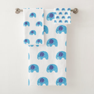 WHITE BLUE  ELEPHANT BATHROOM TOWEL SET