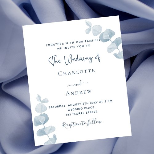 White blue eucalyptus budget wedding invitation