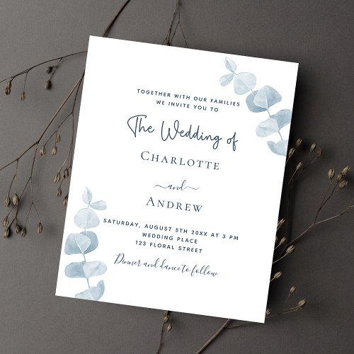 White blue eucalyptus budget wedding invitation