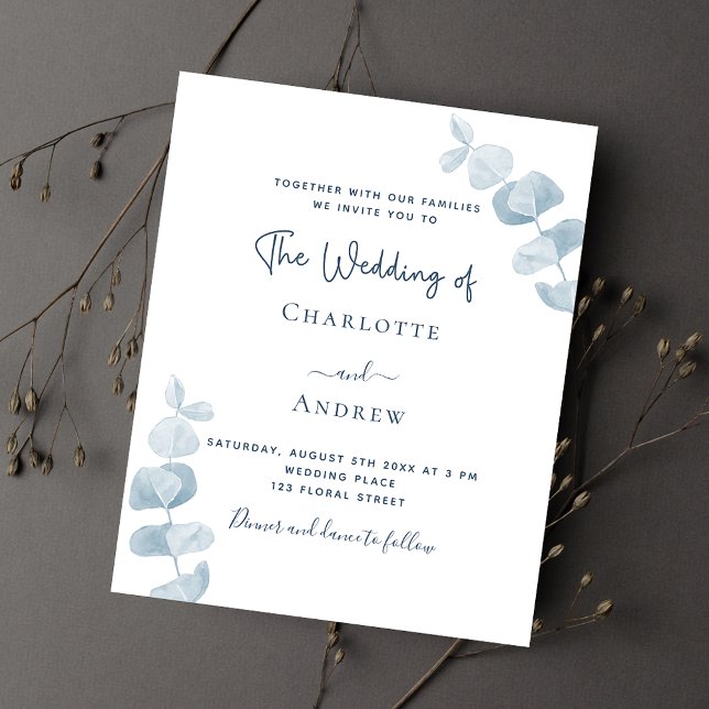 White blue eucalyptus budget wedding invitation flyer (Creator Uploaded)