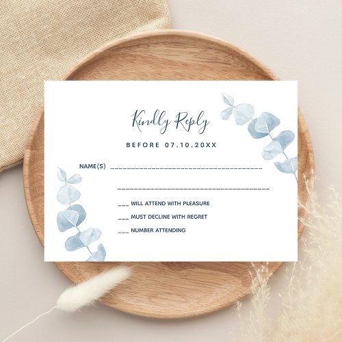 White blue eucalyptus wedding response RSVP Note Card