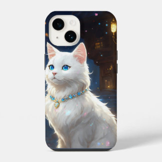 white, blue eyes cat iPhone 14 Tough Case, Gloss iPhone 14 Case