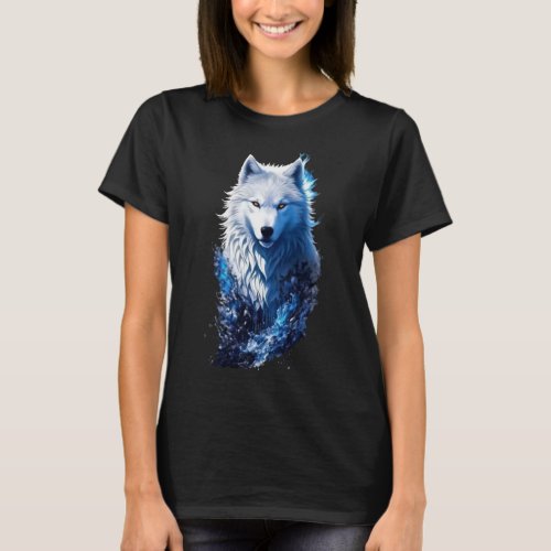 WHITE BLUE FANTASY WOLF WITH YELLOW EYES T_Shirt
