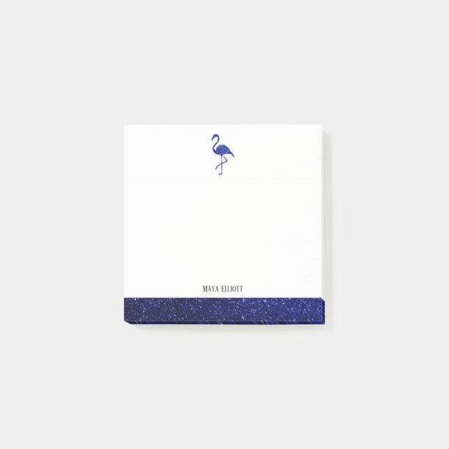 White & Blue Faux Glitter Flamingo & Border, Name Post-it Notes (Front)
