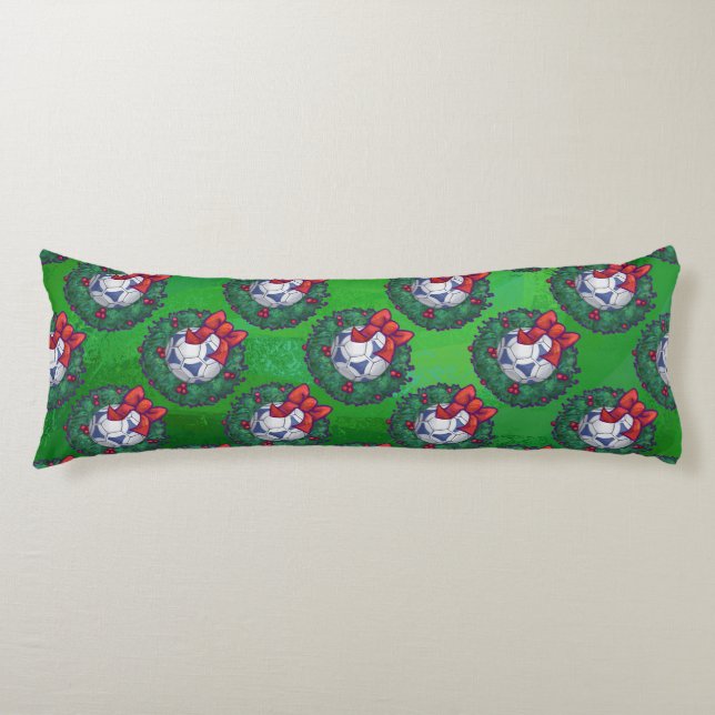White, Blue Festive Soccer Ball on Green Body Pillow (Front)