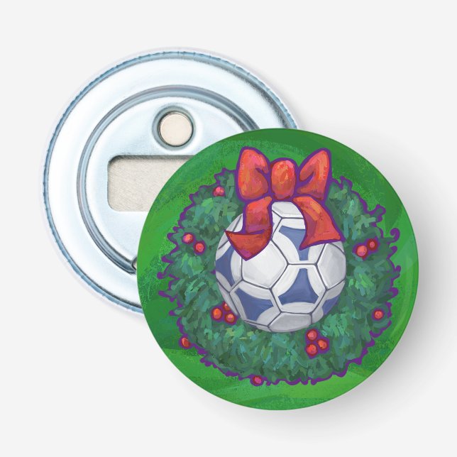 White, Blue Festive Soccer Ball on Green Bottle Opener (Front)