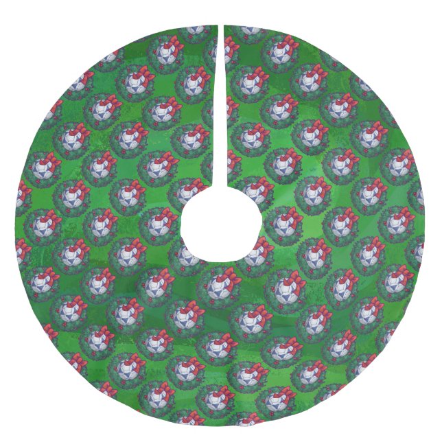 White, Blue Festive Soccer Ball on Green Brushed Polyester Tree Skirt (Front)
