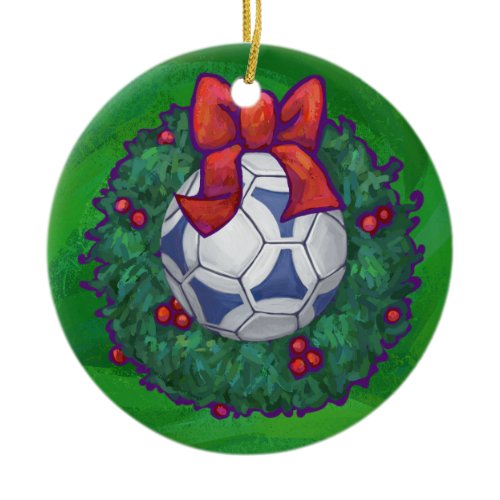 White, Blue Festive Soccer Ball on Green Ceramic Ornament