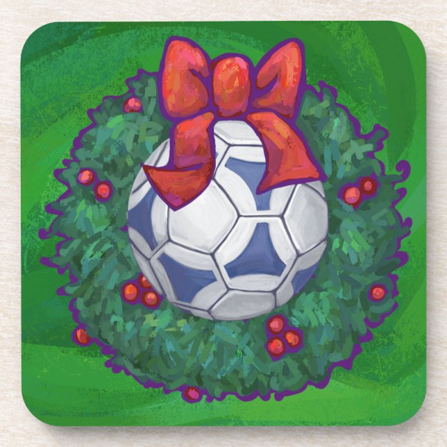 White, Blue Festive Soccer Ball on Green Drink Coaster (Front)
