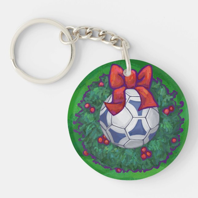 White, Blue Festive Soccer Ball on Green Keychain (Front)