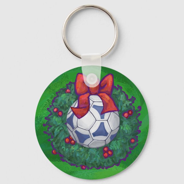White, Blue Festive Soccer Ball on Green Keychain (Front)
