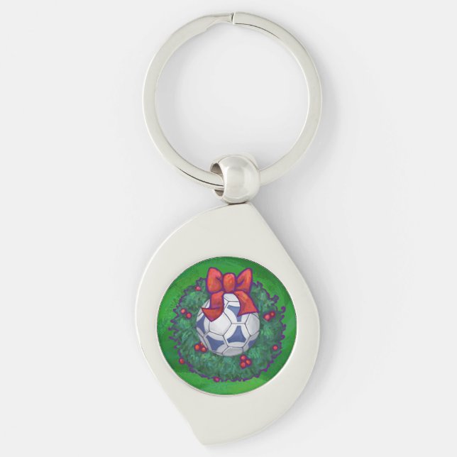 White, Blue Festive Soccer Ball on Green Keychain (Front)