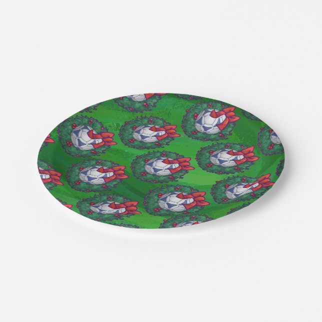 White, Blue Festive Soccer Ball on Green Paper Plates (Angled)
