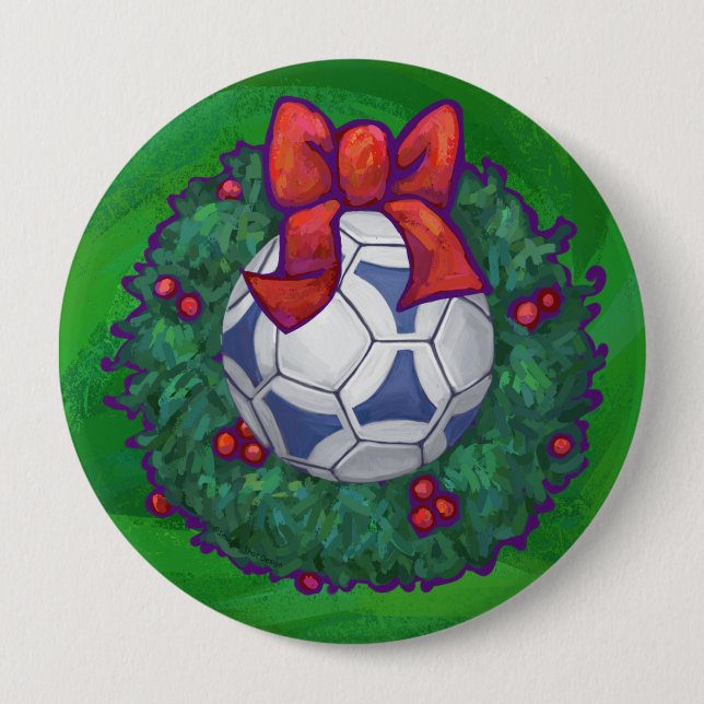 White, Blue Festive Soccer Ball on Green Pinback Button (Front)