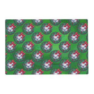 White, Blue Festive Soccer Ball on Green Placemat