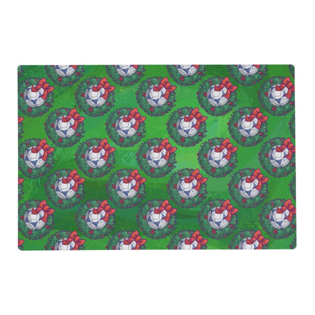White, Blue Festive Soccer Ball on Green Placemat (Front)