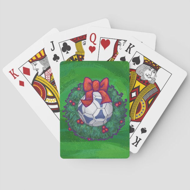 White, Blue Festive Soccer Ball on Green Poker Cards (Back)