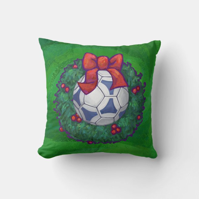 White, Blue Festive Soccer Ball on Green Throw Pillow (Front)