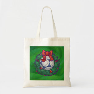 White, Blue Festive Soccer Ball on Green Tote Bag