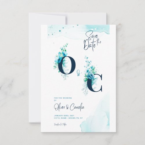 White Blue Floral Colourful Wedding Save the Date