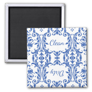 White Blue Floral Damask Dishwasher Clean Dirty Magnet
