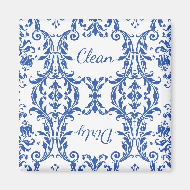 White Blue Floral Damask Dishwasher Clean Dirty Magnet (Front)