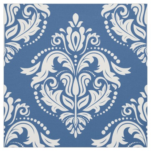 White & Blue Floral Damasks Geometric Pattern Fabric