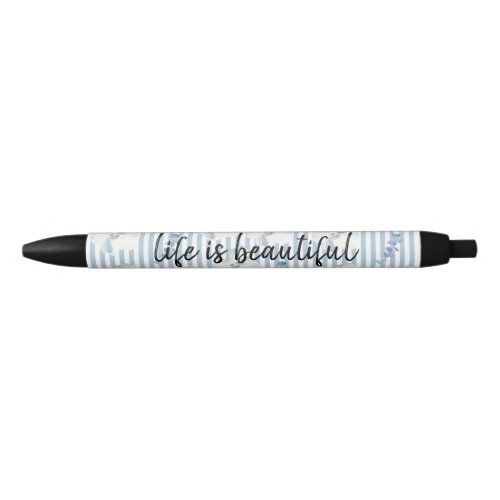 White Blue Floral Eucalyptus Stripes Black Ink Pen