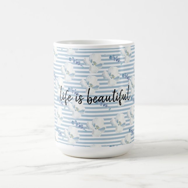 White Blue Floral Eucalyptus Stripes Coffee Mug (Center)
