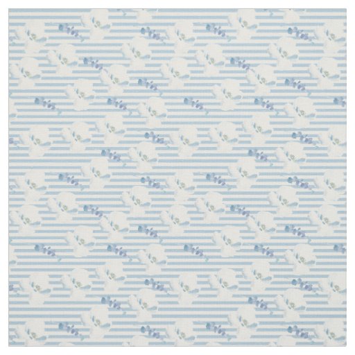 White Blue Floral Eucalyptus Stripes Fabric