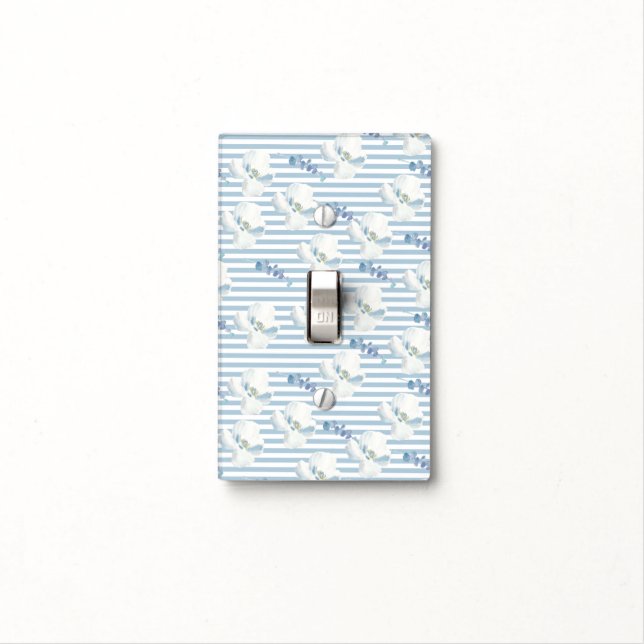 White Blue Floral Eucalyptus Stripes Light Switch Cover (In Situ)