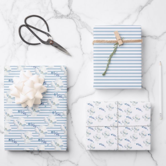 White Blue Floral Eucalyptus Stripes Wrapping Paper Sheets (Front)