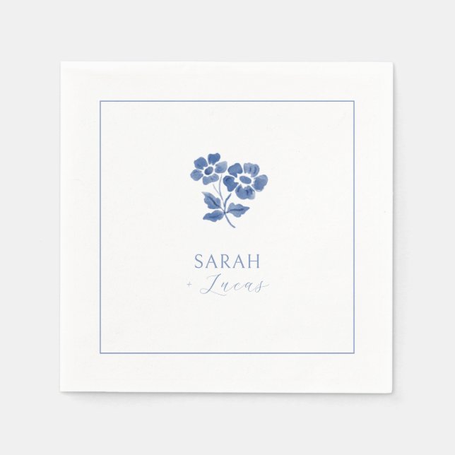 White |  Blue Floral Folded Thank You Wedding Napkins (Front)