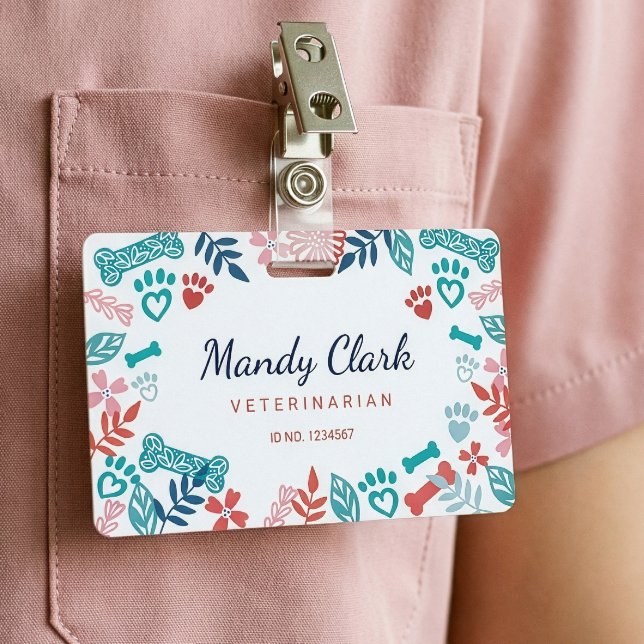 White Blue Floral & Foliage Pet Paw Print Pattern Badge (White Blue Floral & Foliage Pet Paw Print Pattern Badge)