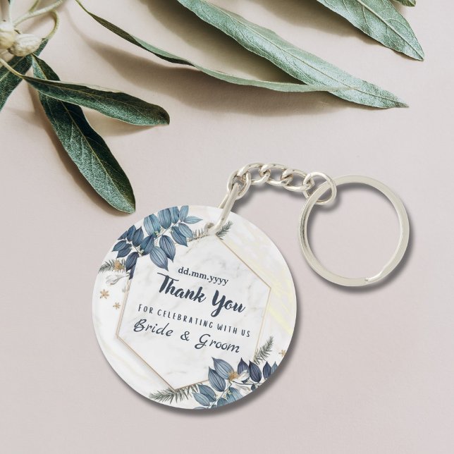 White Blue Floral Frame Thank You Wedding Favors Keychain (Creator Uploaded)