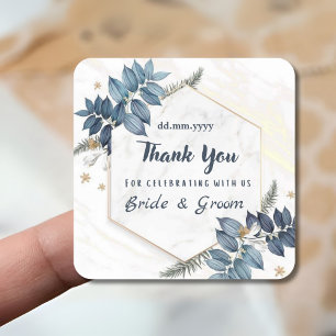 White Blue Floral Frame Thank You Wedding Favors Square Sticker
