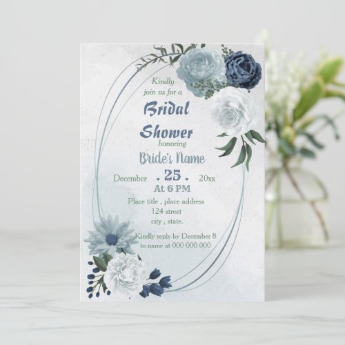 white blue floral greenery geometric bridal shower invitation