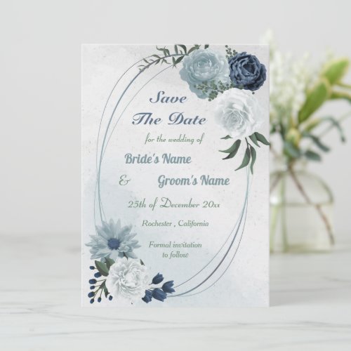 white  blue floral greenery geometric save the date