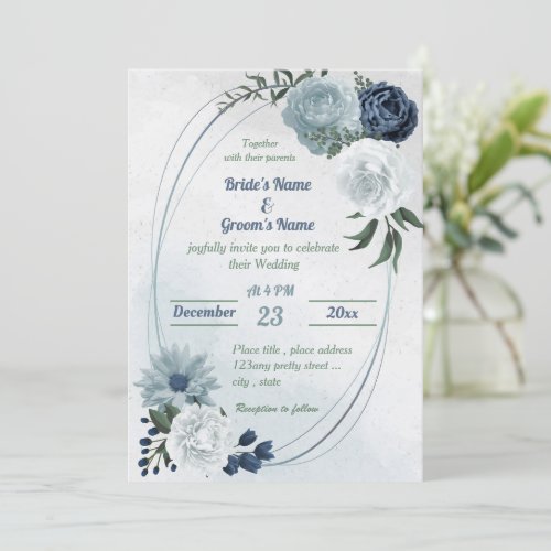 white  blue floral greenery geometric wedding invitation