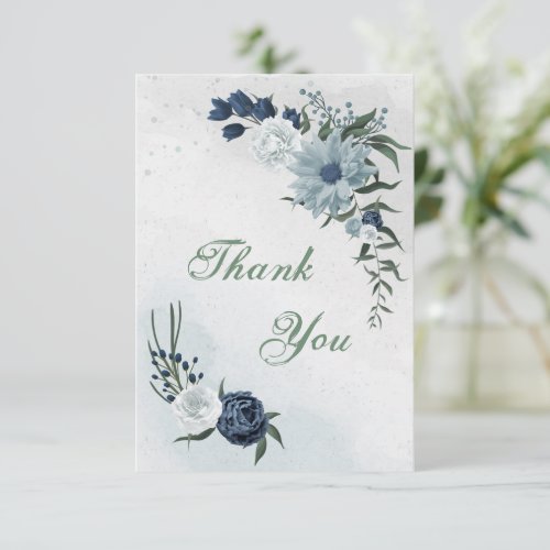 white  blue floral greenery thank you card