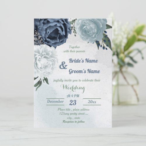 white  blue floral greenery wedding invitation