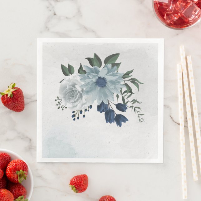 white & blue floral greenery wedding paper dinner napkins (Insitu)