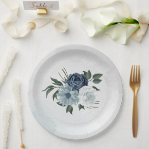 white & blue floral greenery wedding paper plates
