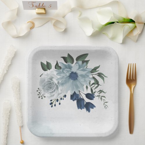 white  blue floral greenery wedding paper plates
