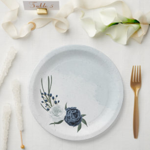white & blue floral greenery wedding paper plates