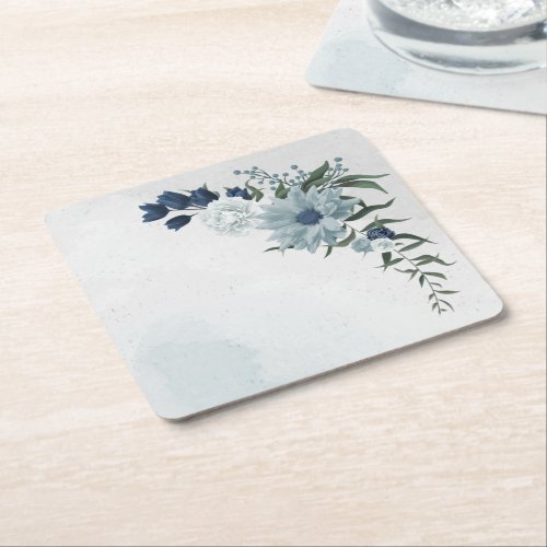 white  blue floral greenery wedding square paper coaster